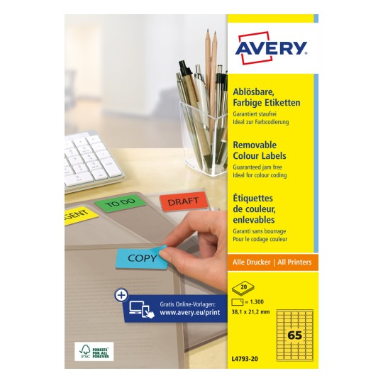 Opakowanie: Avery Zweckform kolorowe etykiety organizacyjne, odklejane, artykuł: L4793-20, format: 38,1 x 21,2 mm, zgodność z drukarkami: atramentowymi, laserowymi czarno-białymi, kolorowymi, zawartość: 1.300 etykiet / 20 arkuszy, 65 etykiet na arkusz.