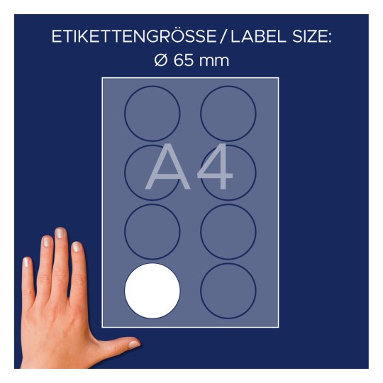 Porównanie wielkości z ręką, artykuł: L4881-20, arkusz etykiet imiennych, format: ⌀ 65 mm, kolor: biały.