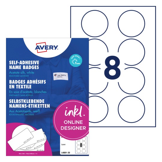 Opakowanie z arkuszem etykiet: Etykiety imienne Avery Zweckform, artykuł: L4881-20, format: ⌀ 65 mm, do drukarek: laserowych czarno-białych, kolorowych laserowych, zawartość: 160 etykiet / 20 arkuszy.