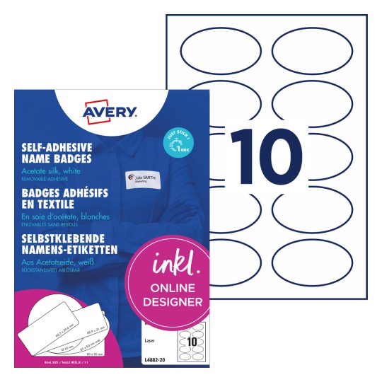 Opakowanie z arkuszem etykiet: Naklejki imienne Avery Zweckform, artykuł: L4882-20, format: 85 x 50 mm, Zdolność drukowania: Laser czarno-biały, kolorowy laser, zawartość: 200 etykiet / 20 arkuszy.
