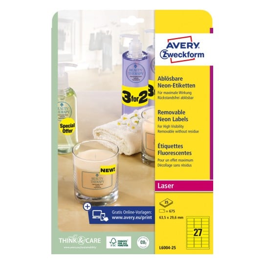 Wygląd opakowania: Avery Zweckform Neon-Etiketten, artykuł: L6004-25, format: 63,5 x 29,6 mm, nadaje się do druku: laser s/w, kolorowy laser, zawartość: 675 etykiet / 25 arkuszy, 27 etykiet/arkusz.