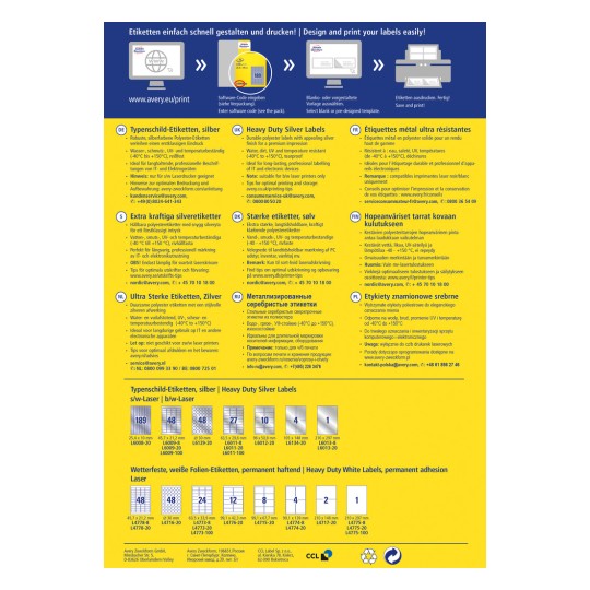 Obrazek to grafika informacyjna na temat produktów Avery z etykietami w kolorach srebrnym i białym przeznaczonymi do ciężkich zastosowań, zawierająca szczegóły dotyczące rozmiarów, zastosowań i instrukcji drukowania w wielu językach.