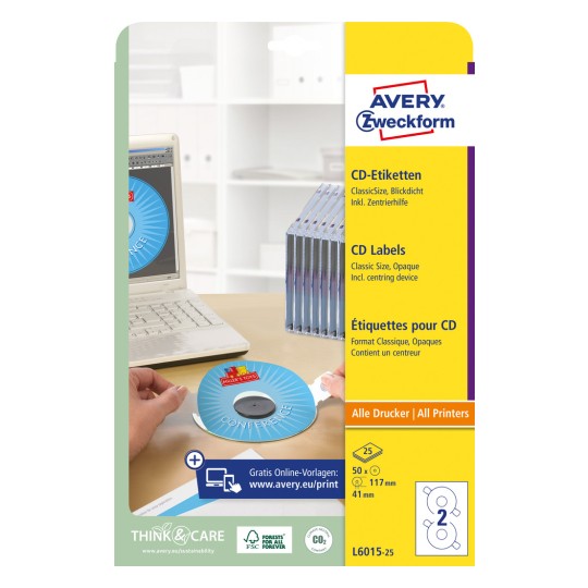 Opakowanie: Etykiety na płyty CD Avery Zweckform ClassicSize, Artykuł: L6015-25, Format: ⌀ 117 mm, Do drukowania: Inkjet, Laser czarno-biały, Kolorowy laser, Zawartość: 50 etykiet / 25 arkuszy, 2 etykiety/arkusz.