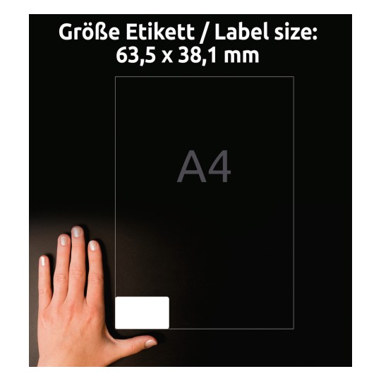 Porównanie rozmiaru z ręką, Artykuł: L6023REV-25, jeden arkusz uniwersalnych etykiet, usuwalny, format: 63,5 x 38,1 mm, kolor: biały.
