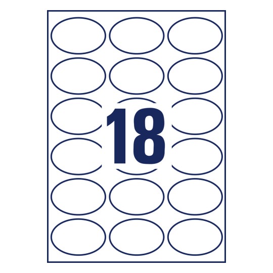 Pojedynczy arkusz maszynowy A4, artykuł: L6024REV-25, etykiety owalne, usuwalne, format: 63,5 x 42,3 mm, 18 etykiet/arkusz.