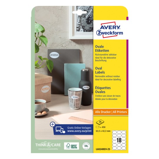Opakowanie: Avery Zweckform Owalne Etykiety, Artykuł: L6024REV-25, Format: 63,5 x 42,3 mm, Zastosowanie do drukarek: atramentowych, laser cz/b, laser kolorowy, Zawartość: 450 etykiet / 25 arkuszy, 18 etykiet/arkusz.