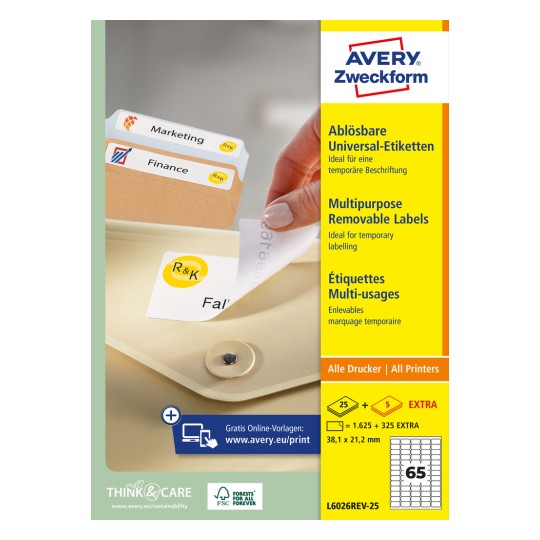 Obrazek opakowania: Avery Zweckform etykiety uniwersalne, usuwalne, artykuł: L6026REV-25, format: 38,1 x 21,2 mm, przeznaczenie do druku: inkjet, laser czarno-biały, laser kolorowy, zawartość: 1.950 etykiet / 30 arkuszy, 65 etykiet/arkusz.