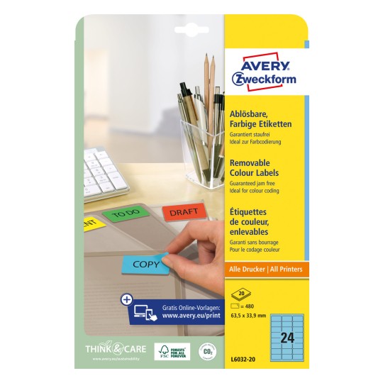 Opakowanie: Avery Zweckform Kolorowe Etykiety Organizacyjne, usuwalne, artykuł: L6032-20, format: 63,5 x 33,9 mm, kompatybilność z drukarką: Inkjet, laser czarno-biały, laser kolorowy, zawartość: 480 etykiet / 20 arkuszy, 24 etykiety na arkusz.