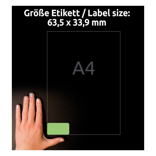 Porównanie wielkości z ręką, artykuł: L6033-20, jeden arkusz kolorowych etykiet, zmywalny, format: 63,5 x 33,9 mm, kolor: zielony.