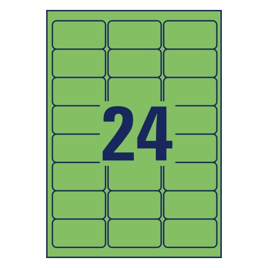 Rysunek wykrojnika, pojedynczy arkusz A4, artykuł: L6033-20, kolorowe etykiety, odklejane, format: 63,5 x 33,9 mm, 24 etykiety/arkusz.