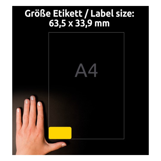 Porównanie rozmiaru z ręką, Artykuł: L6035-20, jeden arkusz kolorowych etykiet, odklejalne, format: 63,5 x 33,9 mm, kolor: żółty?