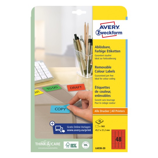 Opakowanie: Avery Zweckform Kolorowe etykiety organizacyjne, usuwalne, artykuł: L6038-20, format: 45,7 x 21,2 mm, odpowiednie do drukarek: inkjet, laser czarno-biały, laser kolorowy, zawartość: 960 etykiet / 20 arkuszy, 48 etykiet/arkusz.