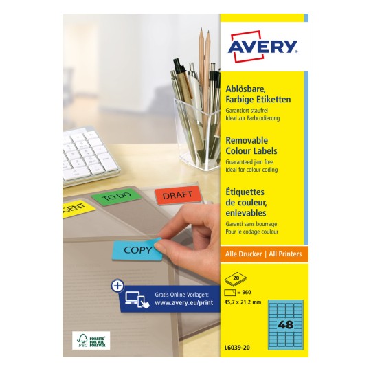 Zdjęcie opakowania: Avery Zweckform kolorowe etykiety organizacyjne, łatwo usuwalne, artykuł: L6039-20, format: 45,7 x 21,2 mm, do drukarek: Inkjet, laser czarno-biały, laser kolorowy, zawartość: 960 etykiet / 20 arkuszy, 48 etykiet/arkusz.