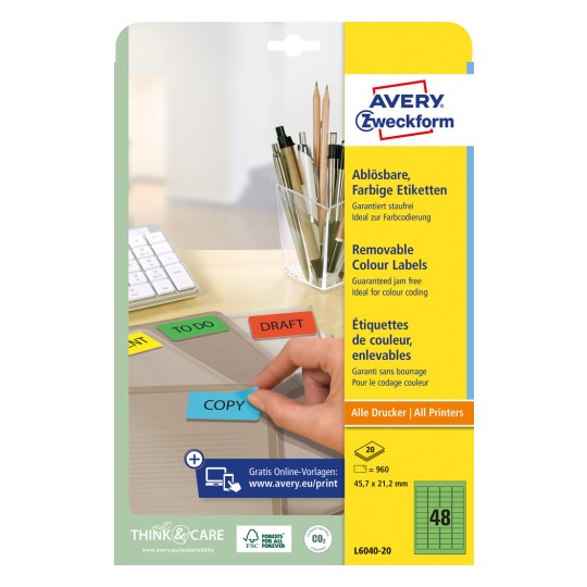 Opakowanie: Avery Zweckform Kolorowe etykiety organizacyjne, odklejalne, artykuł: L6040-20, format: 45,7 x 21,2 mm, Obsługa drukarek: atramentowe, laserowe czarno-białe, laserowe kolorowe, Zawartość: 960 etykiet / 20 arkuszy, 48 etykiet/arkusz?