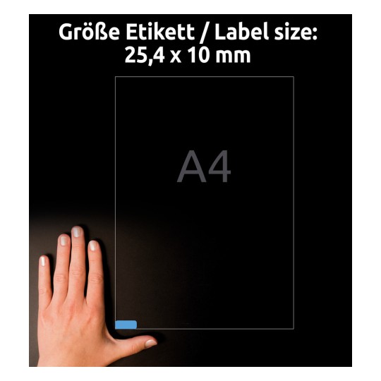 Porównanie wielkości z ręką, Artykuł: L6048-20, jeden arkusz kolorowych etykiet, zmywalny, format: 25,4 x 10 mm, kolor: niebieski.