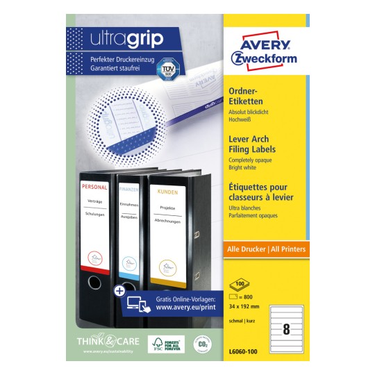 Ilustracja opakowania: etykiety do segregatorów Avery Zweckform, artykuł: L6060-100, format: 34 x 192 mm, do drukarek: atramentowych, laserowych czarno-białych, laserowych kolorowych, zawartość: 800 etykiet / 100 arkuszy, 8 etykiet/arkusz.