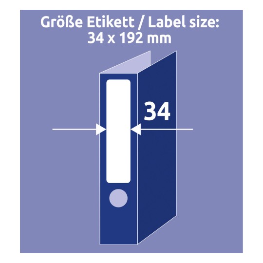 Porównanie wielkości z dłonią, artykuł: L6060REV-20, jeden arkusz etykiet na segregatory, odczepiane, format: 34 x 192 mm, kolor: biały.