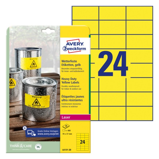 Opakowanie z arkuszem etykiet: Avery Zweckform odporne na warunki atmosferyczne etykiety foliowe, artykuł: L6131-20, format: 70 x 37 mm, do drukarek: laser czarno-biały, zawartość: 480 etykiet / 20 arkuszy, 24 etykiety/arkusz.