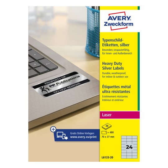 Opakowanie: Etykiety tabliczka znamionowa Avery Zweckform srebrne, Artykuł: L6133-20, Format: 70 x 37 mm, Do drukarek: Laser czarno-biały, Zawartość: 480 etykiet / 20 arkuszy, 24 etykiety/arkusz.