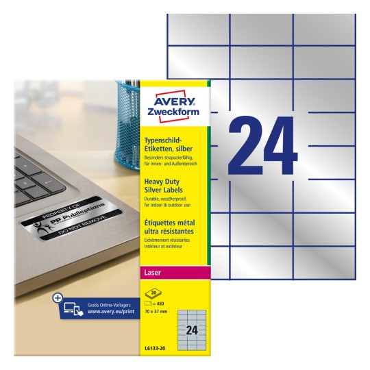 Opakowanie ze zdjęciem etykiet: etykiety typowe Avery Zweckform, artykuł: L6133-20, format: 70 x 37 mm, odpowiednie do druku: laser czarno-biały, zawartość: 480 etykiet / 20 arkuszy, 24 etykiety/arkusz.
