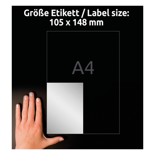 Porównanie wielkości ręką, Artykuł: L6134-20, jeden arkusz etykiet znamionowych, format: 105 x 148 mm, kolor: srebrny.