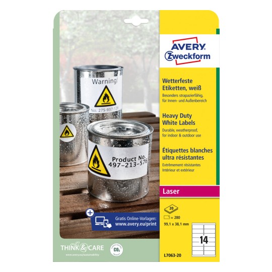 Opakowanie: Avery Zweckform etykiety foliowe odporne na warunki atmosferyczne do drukarek laserowych, artykuł: L7063-20, format: 99,1 x 38,1 mm, do druku: laser czarno-biały, laser kolorowy, zawartość: 280 etykiet / 20 arkuszy, 14 etykiet na arkusz.