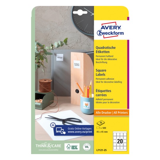 Opakowanie: Avery Zweckform Kwadratowe Etykiety, Artykuł: L7121-25, Format: 45 x 45 mm, Druk: Inkjet, laser czarno-biały, kolorowy laser, Zawartość: 500 etykiet / 25 arkuszy, 20 etykiet/arkusz.