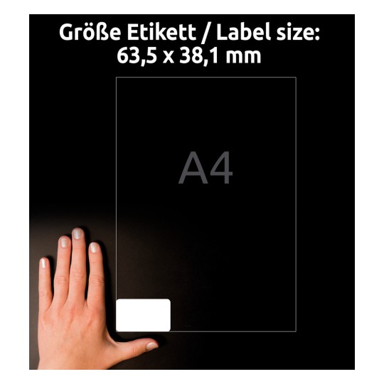 Porównanie wielkości z dłonią, artykuł: L7160-40, jeden arkusz etykiet adresowych, format: 63,5 x 38,1 mm, kolor: biały.