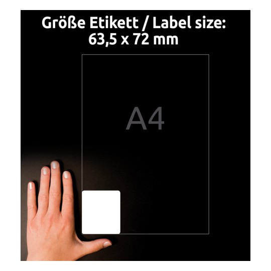 Porównanie wielkości z dłonią, artykuł: L7164-100, jeden arkusz etykiet adresowych, format: 63,5 x 72 mm, kolor: biały.