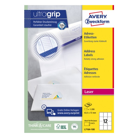 Opakowanie: Avery Zweckform Białe etykiety adresowe do drukarek laserowych, Artykuł: L7164-100, Format: 63,5 x 72 mm, Do drukarek: Laser czarno-biały, laser kolorowy, Zawartość: 1.200 etykiet / 100 arkuszy, 12 etykiet/arkusz.