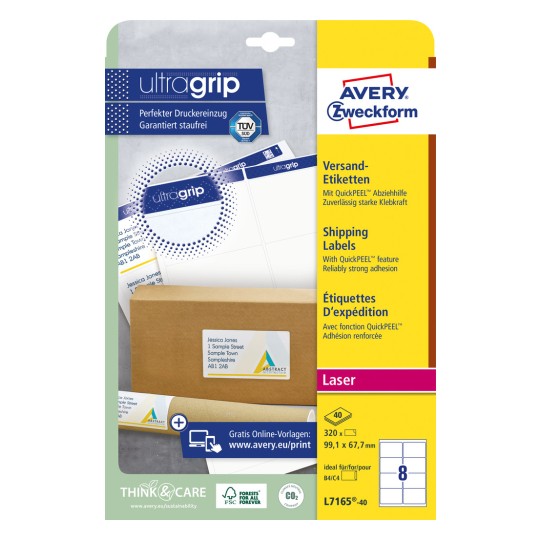 Ilustracja opakowania: Etykiety wysyłkowe białe Avery Zweckform, Artykuł: L7165-40, Format: 99,1 x 67,7 mm, Do druku: laser czarno-biały, laser kolorowy, Zawartość: 320 etykiet / 40 arkuszy, 8 etykiet/arkusz.