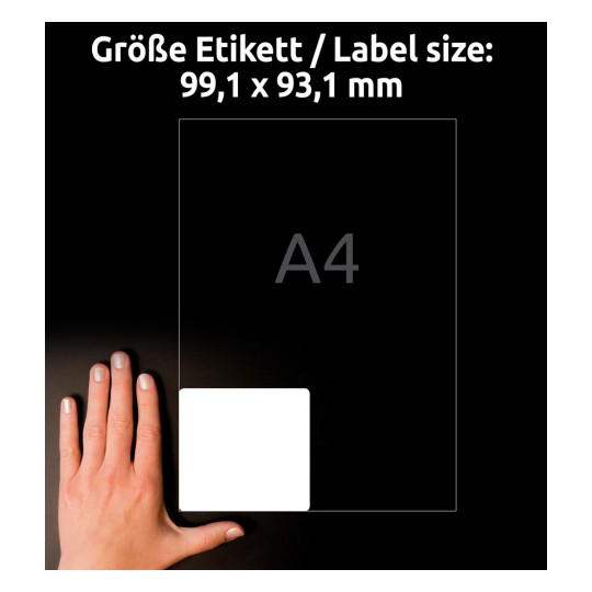 Porównanie wielkości z ręką, Artykuł: L7166-100, jeden arkusz etykiet wysyłkowych, format: 99,1 x 93,1 mm, kolor: biały.