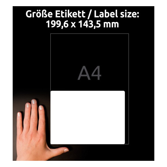 Porównanie rozmiaru z ręką, artykuł: L7168-100, jeden arkusz etykiet wysyłkowych, format: 199,6 x 143,5 mm, kolor: biały.