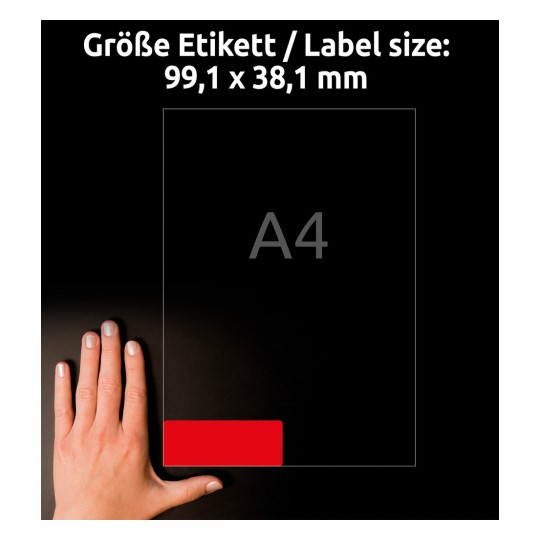 Porównanie wielkości z ręką, artykuł: L7263R-25, jeden arkusz etykiet w specjalnych kolorach, format: 99,1 x 38,1 mm, kolor: neonowy czerwony.