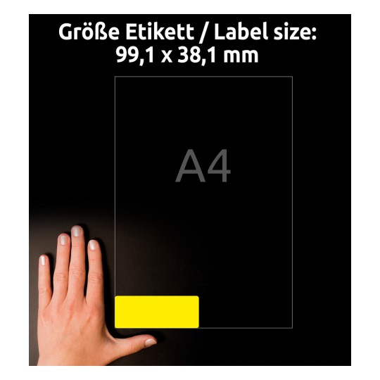 Porównanie rozmiarów z dłonią, Artykuł: L7263Y-25, arkusz etykiet w kolorach specjalnych, format: 99,1 x 38,1 mm, kolor: neonowy żółty.