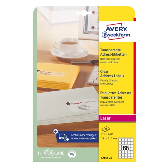 Opakowanie: Avery Zweckform Przezroczyste Etykiety Wysyłkowe, do drukarek laserowych, artykuł: L7551-25, format: 38,1 x 21,2 mm, zgodność z drukarkami: laserowe czarno-białe, laser kolorowy, zawartość: 1.625 etykiet / 25 arkuszy, 65 etykiet/arkusz.