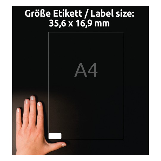 Porównanie wielkości z ręką, artykuł: L7632-25, arkusz mini-etykiet organizacyjnych, format: 35,6 x 16,9 mm, kolor: biały?