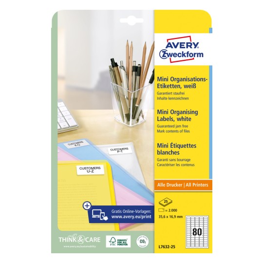 Ilustracja opakowania: Avery Zweckform Mini organizacyjne etykiety, artykuł: L7632-25, format: 35,6 x 16,9 mm, drukowanie: Inkjet, laser czarno-biały, kolorowy laser, zawartość: 2.000 etykiet / 25 arkuszy, 80 etykiet/arkusz.