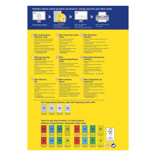 Obraz informacyjny promujący Mini Etykiety Organizacyjne Avery. Zawiera instrukcje w wielu językach, jak szybko zaprojektować i wydrukować etykiety. Obraz pokazuje różne rozmiary etykiet i różnorodność kolorów, podkreślając ich zastosowanie do organizacji dokumentów.