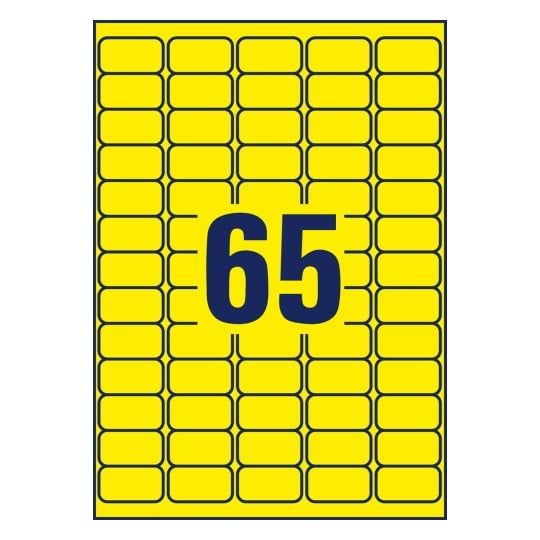 Rysunek wykroju pojedynczy arkusz A4, artykuł: L7651Y-25, etykiety w specjalnych kolorach, format: 38,1 x 21,2 mm, 65 etykiet/arkusz.