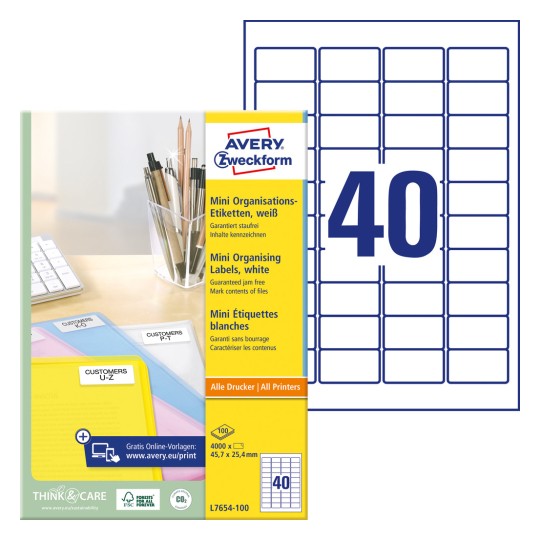 Opakowanie z arkuszami etykiet: Avery Zweckform Mini-Organisations-Etiketten, artykuł: L7654-100, format: 45,7 x 25,4 mm, przeznaczone do druku: Inkjet, laser czarno-biały, laser kolorowy, zawartość: 4.000 etykiet / 100 arkuszy, 40 etykiet/arkusz.