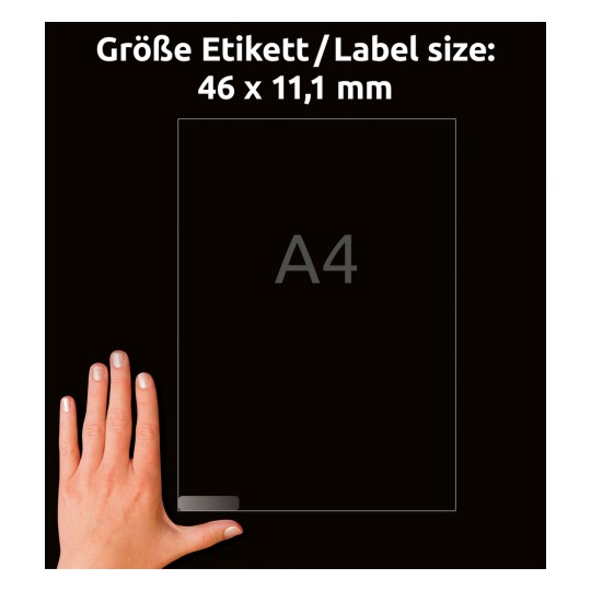 Porównanie wielkości z ręką, artykuł: L7656-25, arkusz mini etykiet organizacyjnych, format: 46 x 11,1 mm, kolor: biały.