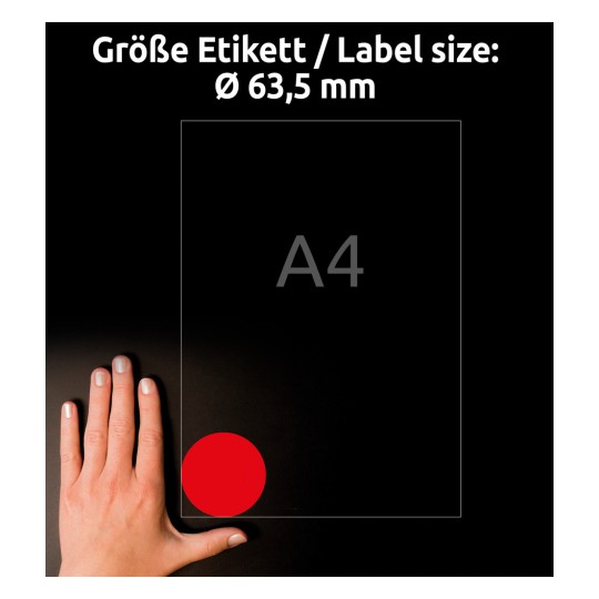 Porównanie wielkości z dłonią, artykuł: L7670R-25, arkusz etykiet w specjalnych kolorach, format: ⌀ 63.5 mm, kolor: neonowy czerwony.