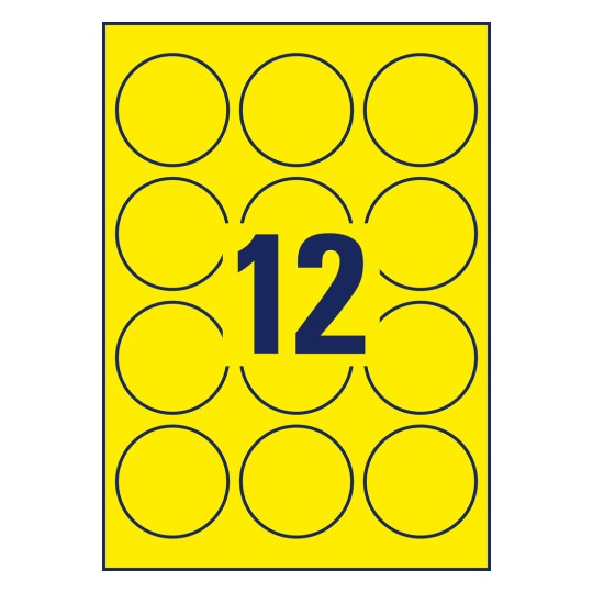 Rysunek wykrawania pojedynczy arkusz A4, Artykuł: L7670Y-25, Etykiety w kolorach specjalnych, Format: ⌀ 63,5 mm, 12 etykiet/arkusz.