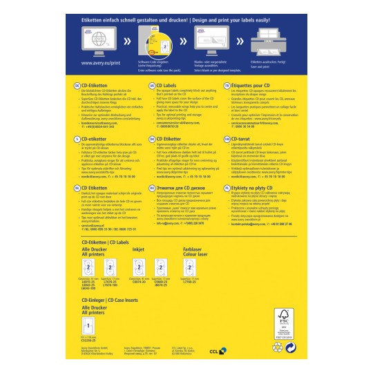 Ten obraz to broszura lub karta informacyjna o etykietach na płyty CD, zawierająca tekst i grafiki w wielu językach, opisująca produkt i instrukcje drukowania.