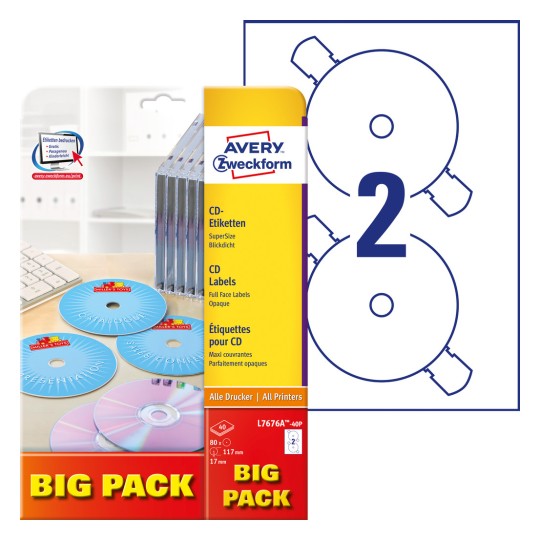 Opakowanie z arkuszem etykiet: Avery Zweckform Etykiety CD SuperSize, artykuł: L7676A-40P, format: ⌀ 117 mm, do stosowania z drukarkami: Inkjet, Laser czarno-biały, laser kolorowy, zawartość: 80 etykiet / 40 arkuszy, 2 etykiety/arkusz.