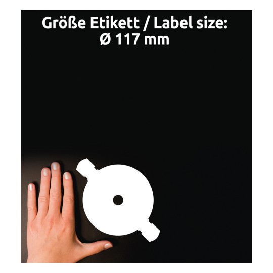 Porównanie wielkości z ręką, artykuł: L7760-25, arkusz etykiet CD SuperSize, format: ⌀ 117 mm, kolor: biały.