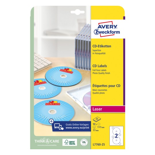 Opakowanie: Etykiety na CD Avery Zweckform SuperSize, Artykuł: L7760-25, Format: ⌀ 117 mm, Nadaje się do: Drukarki laserowe czarno-białe, kolorowe lasery, Zawartość: 50 etykiet / 25 arkuszy, 2 etykiety/arkusz.