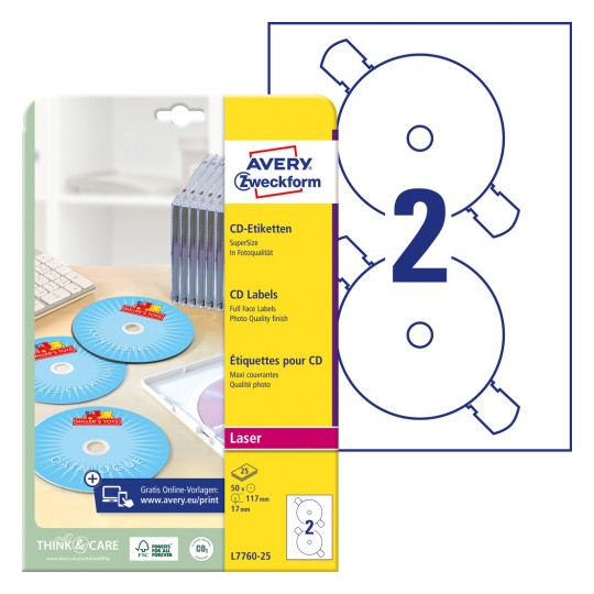 Opakowanie z arkuszem etykiet: Avery Zweckform CD-Etiketten SuperSize, Artykuł: L7760-25, Format: ⌀ 117 mm, Nadające się do druku: Laser czarno-biały, Drukarka kolorowa laserowa, Zawartość: 50 etykiet / 25 arkuszy, 2 etykiety/arkusz.