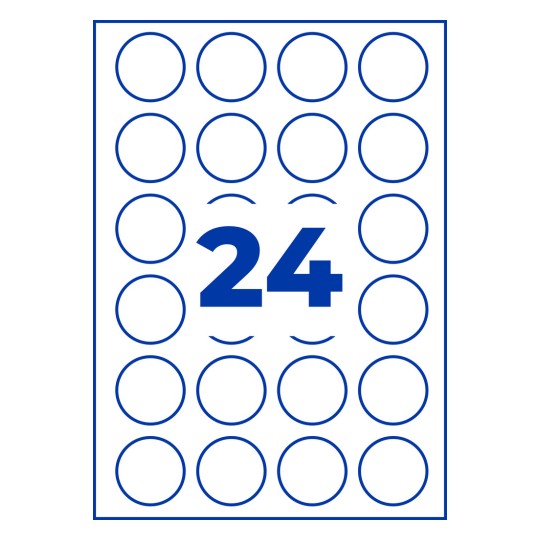Rysunek tłoczeniowy pojedynczego arkusza A4, Artykuł: L7780-25, Przezroczyste etykiety, Format: ⌀ 40 mm, 24 etykiety/arkusz.